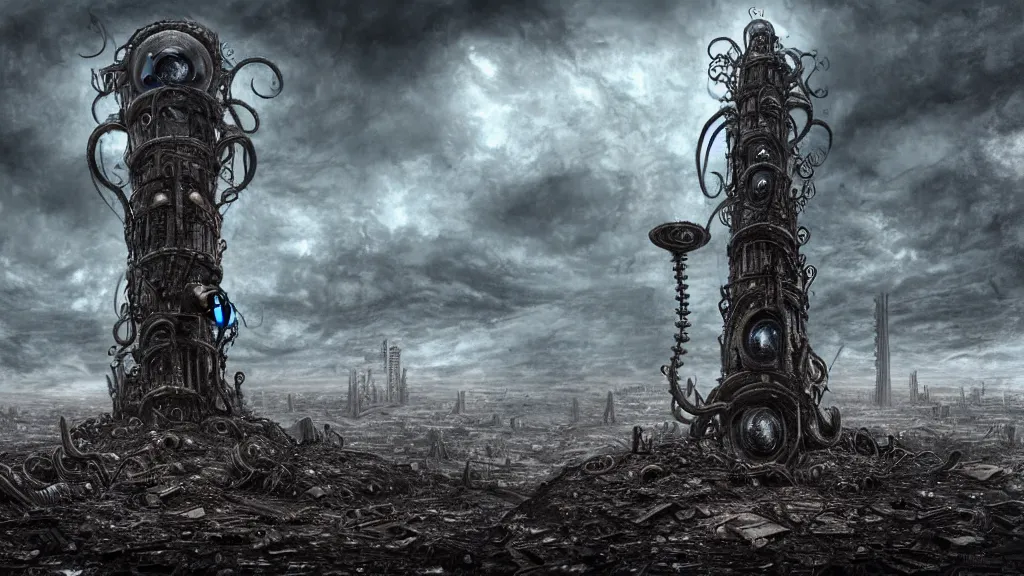 Image similar to A tower with an Eyeball at the top, BioMechanical like Giger, with tentacles coming out, looking over a stormy post-apocalyptic wasteland, dystopian art, wide lens