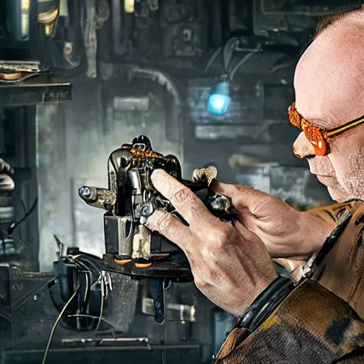 Prompt: balding older cyborg using jeweller's loupe with orange led light, inspecting complex gun made from rusted metal kitchen utensils, smoking soldering iron, dark messy cluttered workshop, highly detailed, sci - fi, futuristic, movie still from blade runner