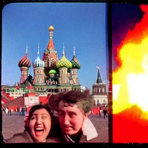 Image similar to the last selfie taken in russia red square, nuclear war, nuclear explosions, russian flag in flames, russian flag burning, terrible mutations and injuries, with a nuclear explosion next to it destroying everything in a second