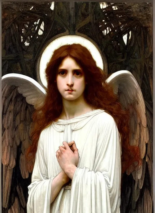 Image similar to portrait of beautiful archangel in white robes, pre - raphaelite painting by john william waterhouse, trending on art station. highly detailed, symmetrical face.