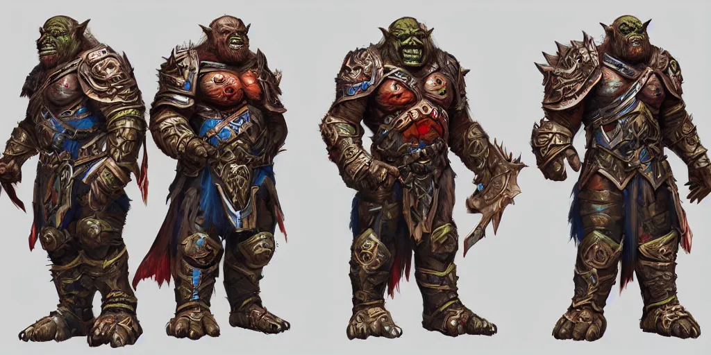 Image similar to different views of orcs in armour, colourful intricate! concept art by senior character artist, trending on artstation, artstation hd, full body character render