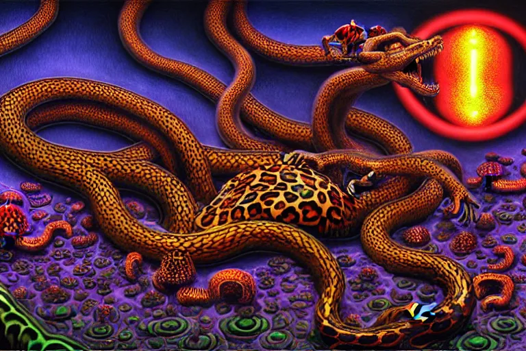 Image similar to a detailed digital art painting of a cyberpunk magick oni dragon with occult futuristic effigy of a beautiful field of mushrooms that is a adorable leopard atomic latent snakes in between ferret biomorphic molecular hallucinations in the style of escher, alex grey, stephen gammell inspired by realism, symbolism, magical realism and dark fantasy, crisp,