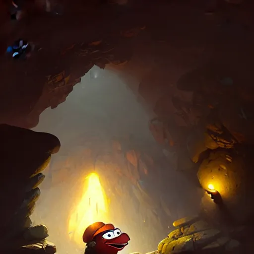 Image similar to happy pepe the miner in the cave, greg rutkowski