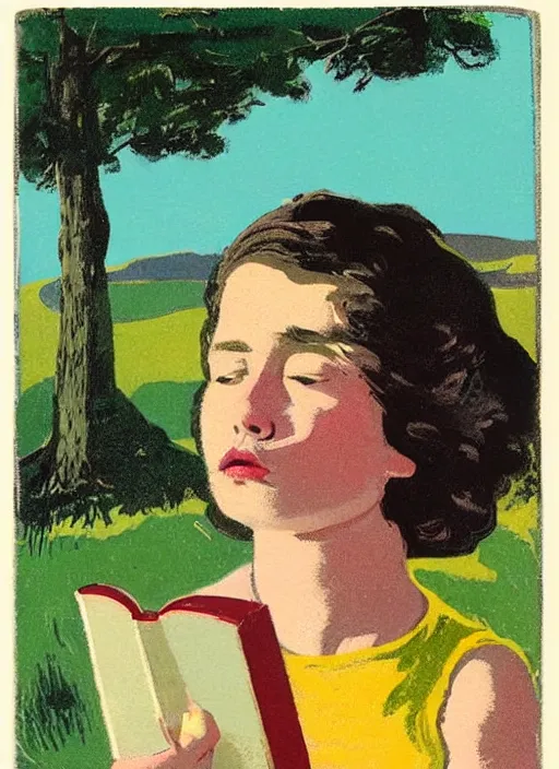 Prompt: an extreme close - up portrait of a girl reading in a scenic representation of mother nature and the meaning of life by billy childish, thick visible brush strokes, shadowy landscape painting in the background by beal gifford, vintage postcard illustration, minimalist cover art by mitchell hooks