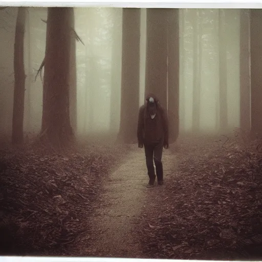 Image similar to old polaroid photo of a zombie walking in forest, mysterious, fog,