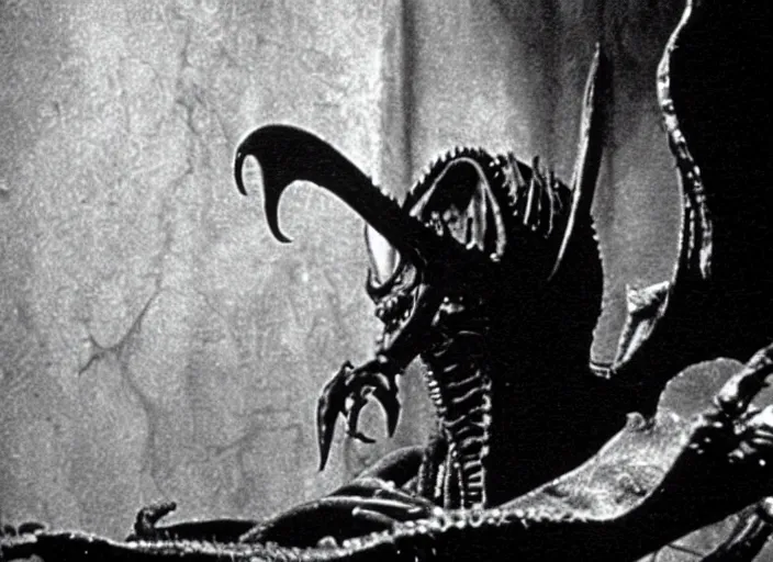 Image similar to Xenomorph in a still from the movie Nosferatu: A Symphony of Horror (1922), high quality