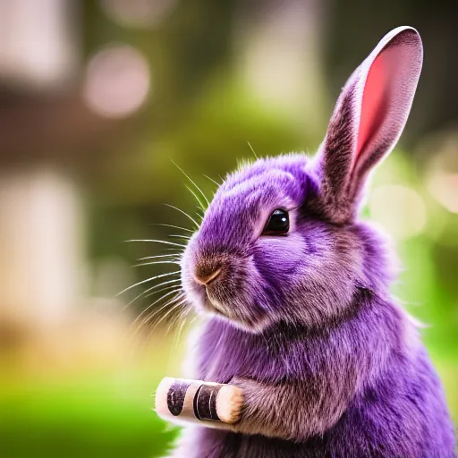 Image similar to professional photography of a violet rabbit smoking a cigar