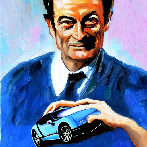 Image similar to richard feynman driving a bugatti, expressive oil painting, digital art