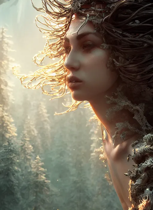 Image similar to stunning biomechanical incredible hair, masterpiece crystalline incrustations, hyperdetailed face, elegant pose, movie still, intricate, octane render, cinematic forest lighting, cgsociety, unreal engine, crepuscular rays, god rays
