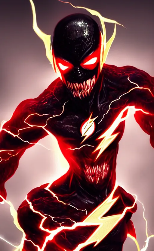 Image similar to full body portrait of venom as the flash, black and red, dynamic lighting, cinematic, ultra detailed, trending on art station, stunning visuals, creative, fantasy concept art