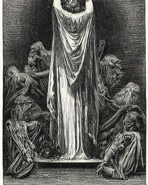 Prompt: a print of the magician thoth tarot card by gustave dore