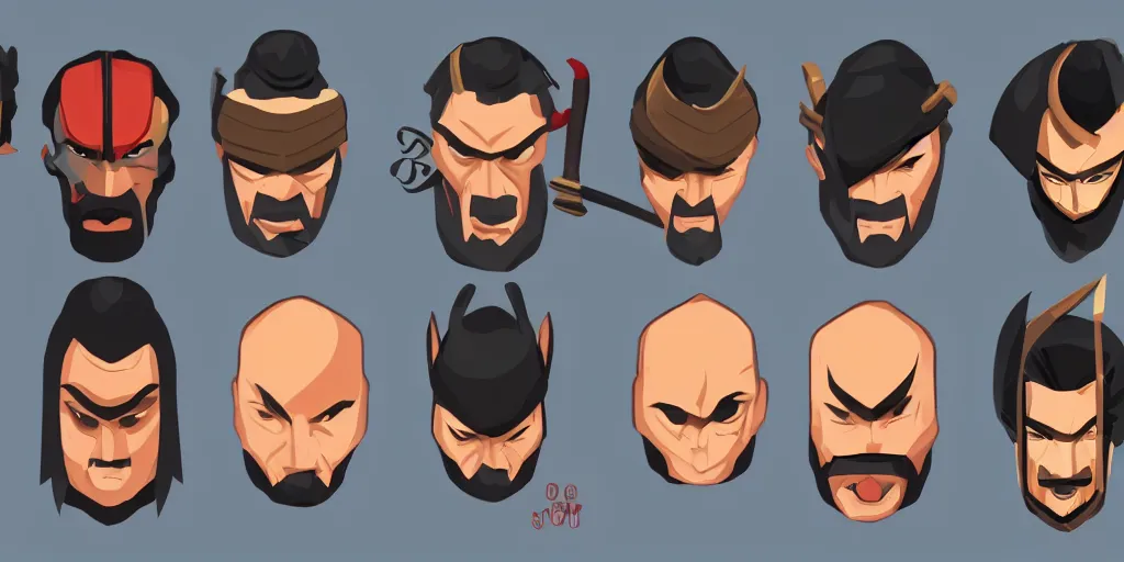 Prompt: game asset of unique samurai heads on black background, organic, disney animation color palette, smooth vector lines, toon shading, 5 colors, solid colors, flat 2 d design, 2 d sprites, 8 k, close up