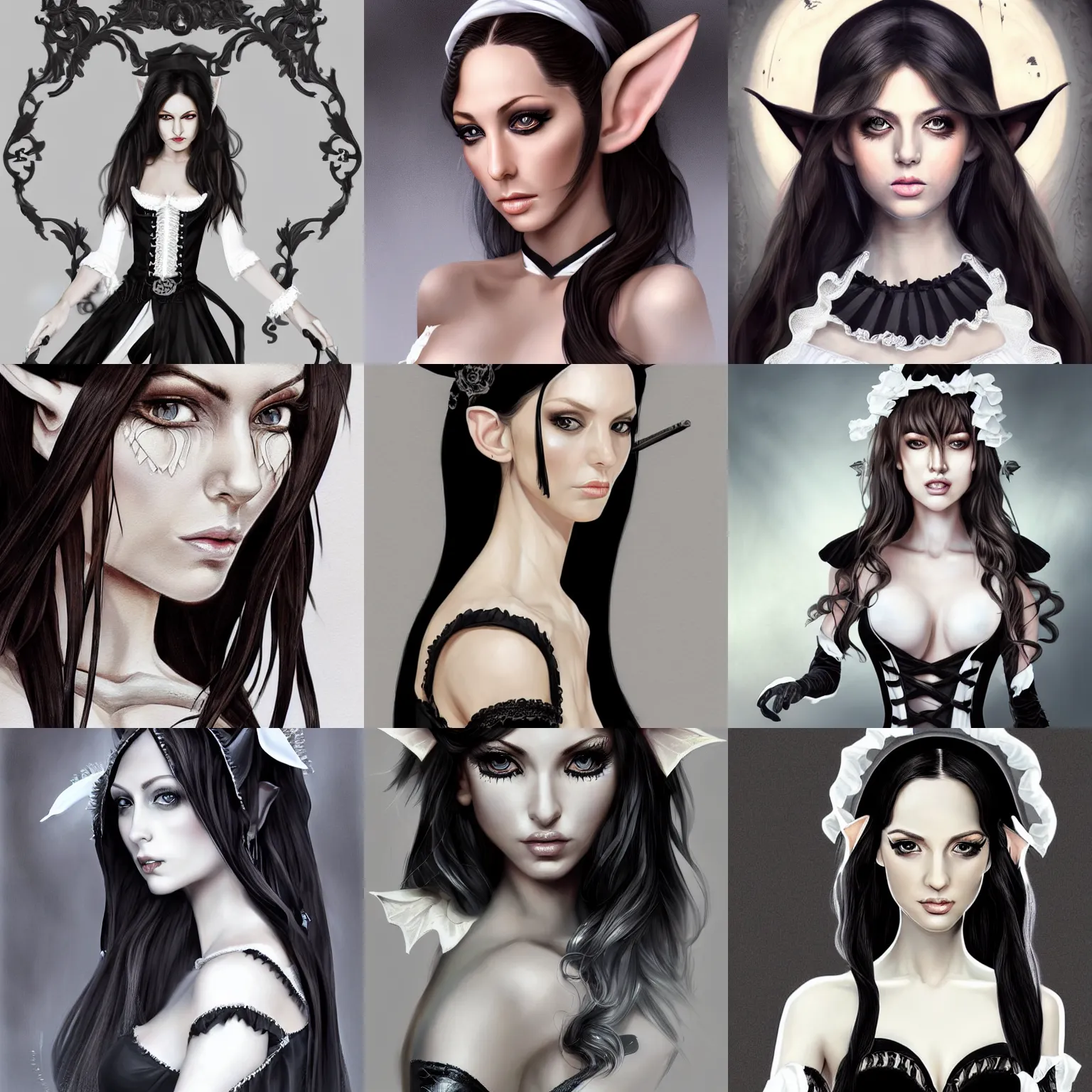 Prompt: a portrait of an attractive young elf woman (Jenna Haze), clothed in a black french maid outfit with white frills, white skin, long dark hair, beautiful bone structure, symmetrical facial features, intricate, elegant, highly detailed, digital painting, trending on Artstation, concept art, smooth, sharp focus, illustration, in the style of artgerm and greg rutkowski and alphonse mucha