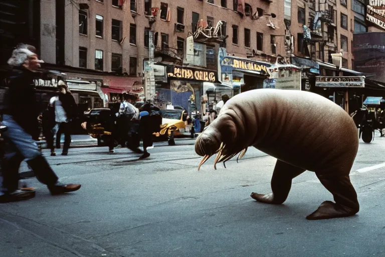 Image similar to closeup potrait of a walrus chasing people in a new york street, natural light, sharp, detailed face, magazine, press, photo, Steve McCurry, David Lazar, Canon, Nikon, focus