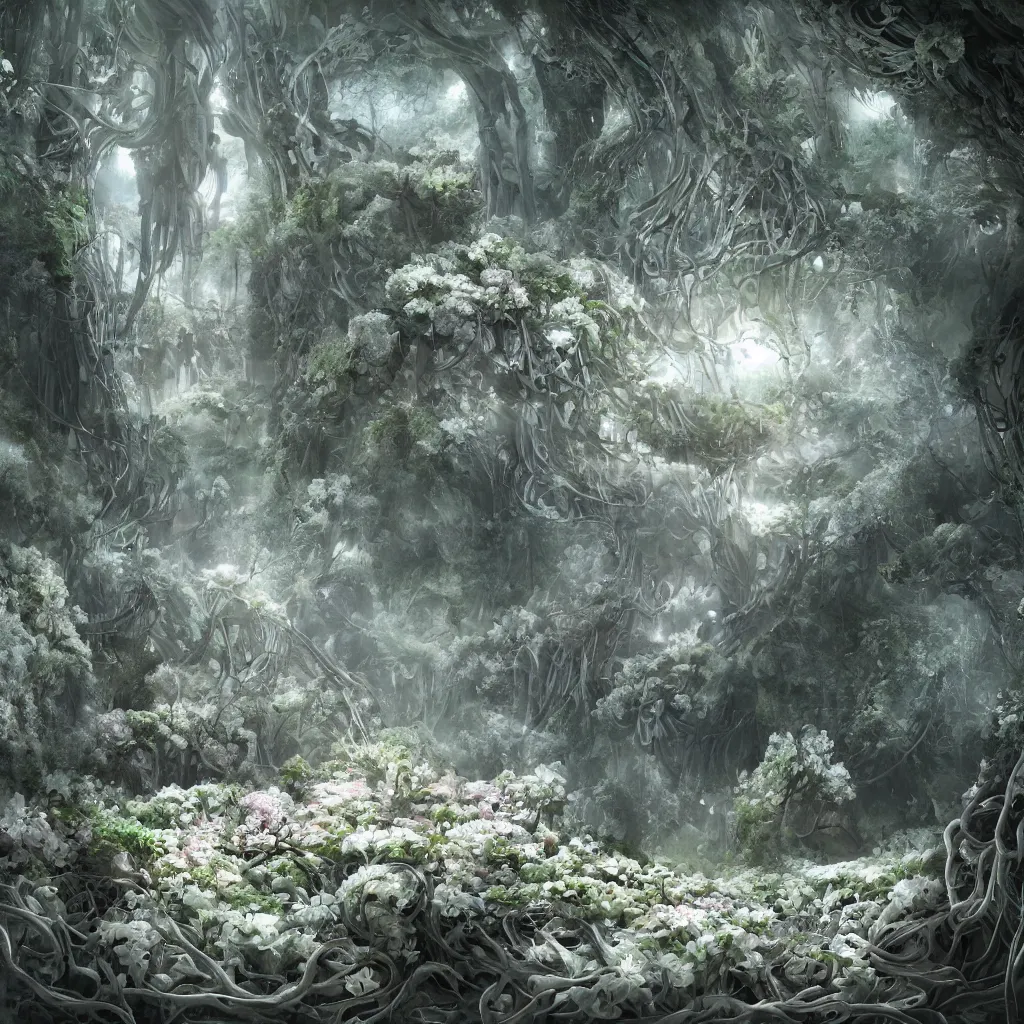 Image similar to biocomputer heart organ intertwined with white biocomputer flowers in a biomechanical cave forest, intricate environment, matte painting, diffused lighting, highly detailed cinematic, atmosphere, diffused lighting, highly detailed digital art, trending on artstation, depth of field, wide angle