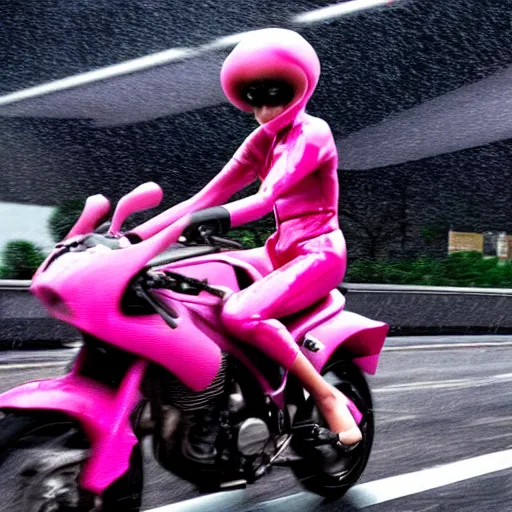 Image similar to hyper realistic, photo, humanoid pink female Squid girl, riding a motorcycle fast in the rainy city traffic