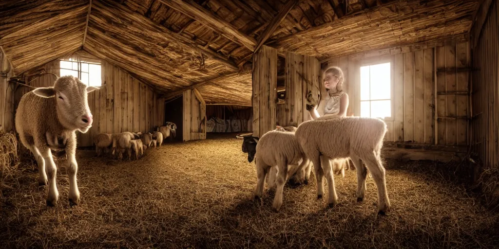 Image similar to insanely detailed wide angle photograph, atmospheric, girl nursing a lamb in a barn, horror, night, shadows, secluded, evil eyes, hay, a cow, windows