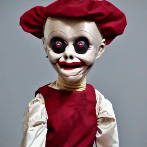 Prompt: scary looking cursed ventriloquist dummy for sale in thrift store