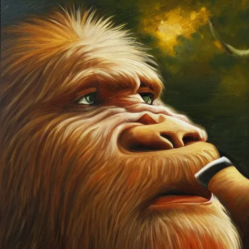 Image similar to bigfoot smoking a cigar, royal portrait, highly detailed, oil painting,