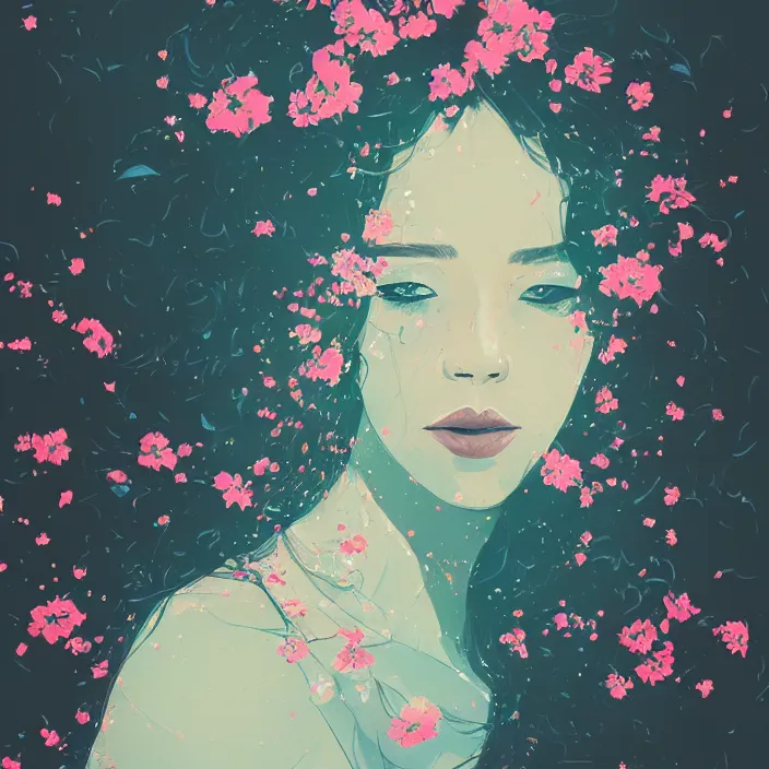 Image similar to candid portrait of very beautiful young filipino woman, surrounded by dramatic swirling smoke and flowers, face partially obscured, dark background, by conrad roset, abstract, trending on artstation