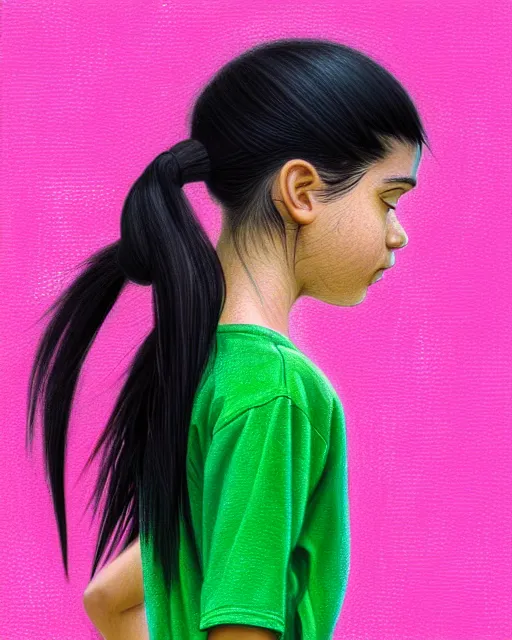 Image similar to photo of a girl with black hair in a ponytail and dressed in a green shirt and pink shorts walking along train tracks stretching out toward the horizon that are submerged under a few inches of water, intricate, elegant, highly detailed, digital painting, artstation, concept art, smooth, sharp focus, illustration, art by artgerm and greg rutkowski and fra angelico