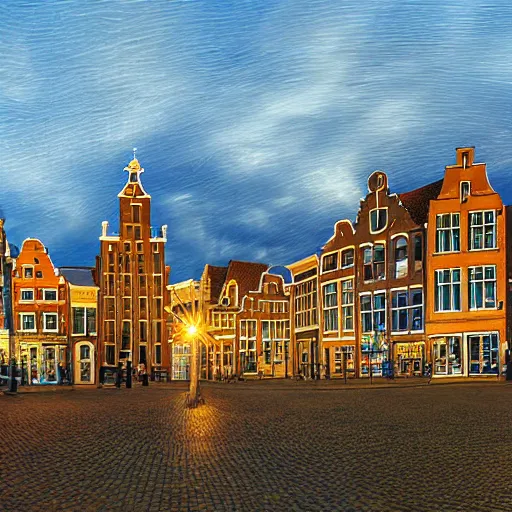 Image similar to a warm summer night in groningen, the netherlands, 2 0 0 8, detailed, wideshot, photorealistic, blue - yellow sky