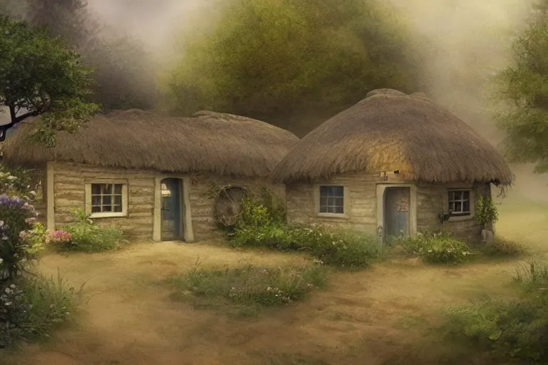 Prompt: a beautiful matte painting of a little cottage