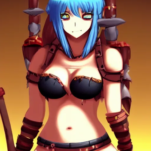 Prompt: very beautiful female barbarian, smiling, flirty, eye contact, perfect face, perfect body, anime style