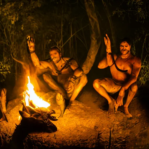 Prompt: spartan doing ayahuasca ritual with wolf and shaman at camp fire, jungle background, full moon with stars, hyper realistic award winning photographic portrait photography, dramatic cinematic lighting