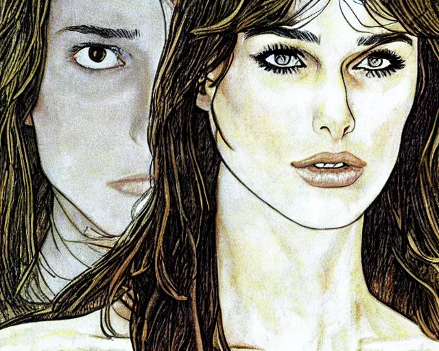 Prompt: portait of keira knightley drawn by milo manara, from a 1 9 6 9 comic book