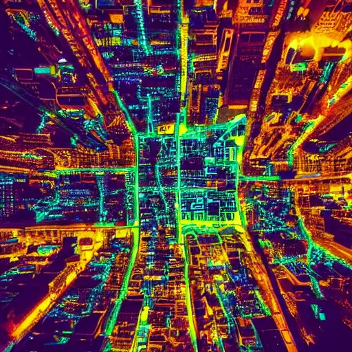 Image similar to an aerial view of a city at night, a microscopic photo by lisa frank, instagram contest winner, maximalism, glowing lights, vivid colors, circuitry