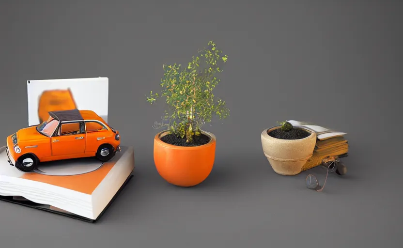 Image similar to a small miniature of a orange Toyota TE27 on a white table near a book and a vase with a plant, hyperrealistic, concept art, octane render, unreal engine 5, path tracing, complementary colors, calm, relaxing, serene, product photo, centered, symmetrical