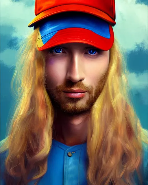 Prompt: colorful painting of a man with long blond hair with a baseball cap with a propeller on top, matte painting, trending on art station, ultra - detailed, hq