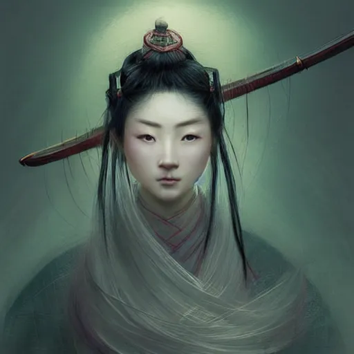 Image similar to A portrait of An beautiful!!! ancient Chinese female swordsman by Ross Tran!!! and Zhang Daqian and greg rutkowski! and gustav doré! and Zdzisław Beksiński! and Ruoxin Zhang!!!,In style of digital art illustration.Symmetry.Highly detailed face.Fantasy,smooth,hyper detailed,sharp focus,Soft light.trending on artstation.