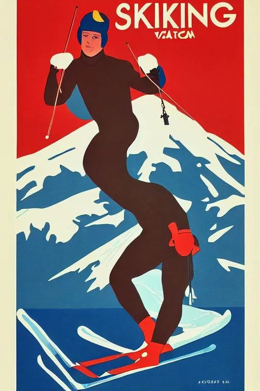 Prompt: vintage travel poster | skiing | snowy | gay, shirtless, homoerotic | art deco, art nouveau | trending on artstation