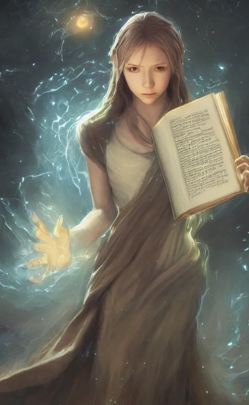 Prompt: a girl from final fantasy live action, holding a book and casting a spell, evocative, mystical night, very very very very detailed, award winning, masterpiece digital painting by greg rutkowski, alex grey, artstation, 4 k wallpaper