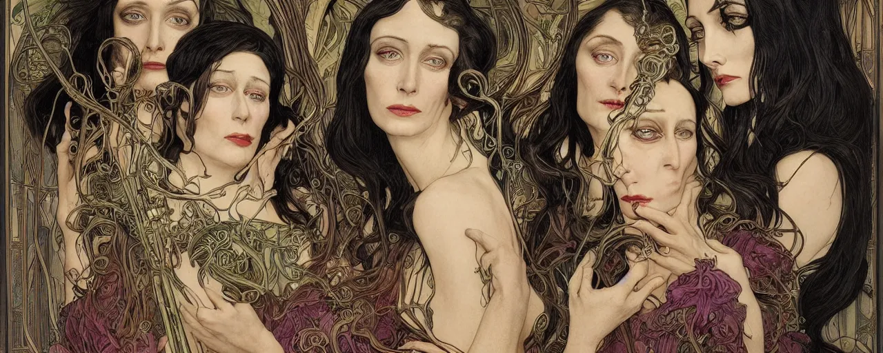 Image similar to stunning hyperdetailed art nouveau portrait of eva green wednesday addams and anjelica huston as the mythological 3 witches, by achilleos, kaluta and mucha, photorealism, extremely beautiful, perfect symmetrical facial features, perfect anatomy, strong confident eyes, witchcraft, glow of magic powers, eldritch crackle, lightning, fire, sparkling energy bolts