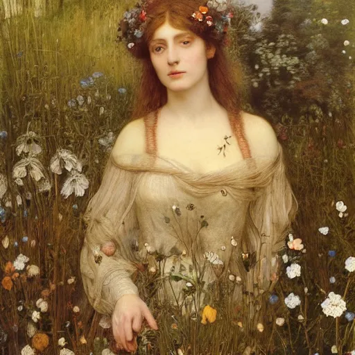 Image similar to beautiful pre - raphaelite woman, flower halo, flowing gown with empire waist in a wildflower meadow, floating leaves, fairys and flower petals in background, painterly, briar patch, thorns, dreamy, painted by jeremy mann, edward burne - jones, and john everett millais, alma tadema, ethereal, stunning, god rays, detailed