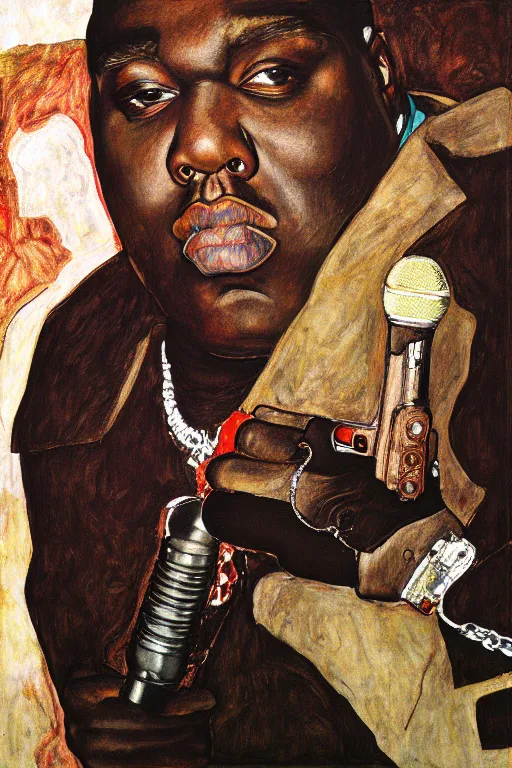 Prompt: a portrait of biggie smalls holding a mic in a hand by egon schiele, masterpiece, hyperdetailed, complex, intricate, old school, 9 0 s, 4 k, trending on artstation