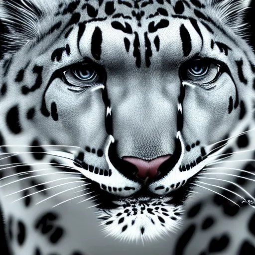 Image similar to photorealistic snow leopard. hyperdetailed photorealism, 1 0 8 megapixels, amazing depth, high resolution, 3 d shading, 3 d finalrender, 3 d cinematic lighting, glowing rich colors, psychedelic overtones, artstation concept art.