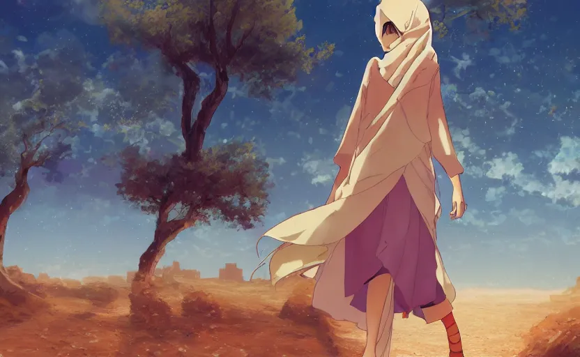 Prompt: An anime girl walking through a desert, wearing a traditional Arabian outfit, anime scenery by Makoto Shinkai, digital art