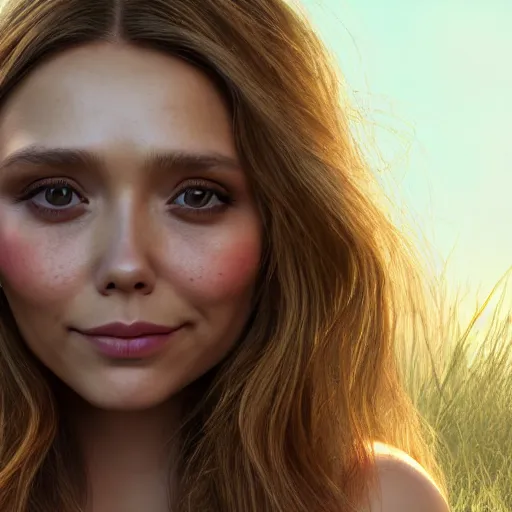 Prompt: nymph render of a very beautiful 3d elizabeth olsen, long hair, hazel eyes, cute freckles, full round face, short smile, cute sundress, golden hour, serene studio setting, medium shot, mid-shot, highly detailed, trending on Artstation, Unreal Engine 4k