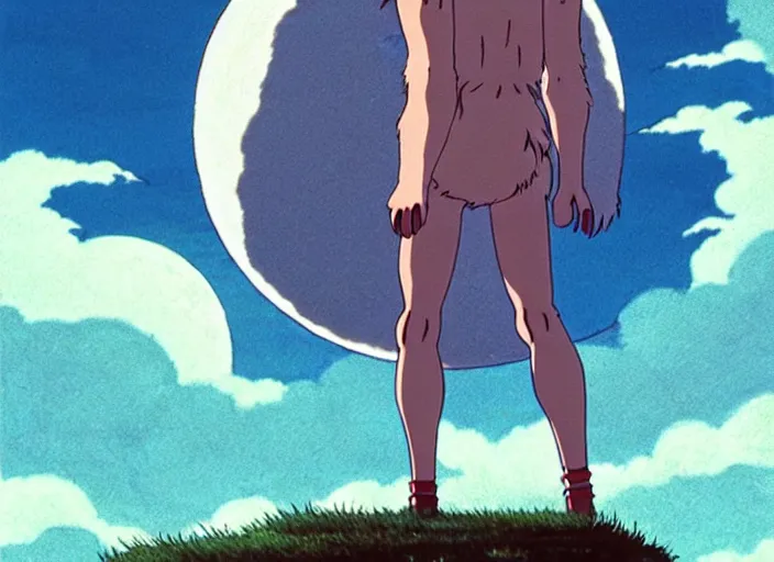 Image similar to a still from a studio ghibli movie of a cartoon half goat half man from princess mononoke ( 1 9 9 7 ), in front of a pale full moon, full body, wide shot, very dull muted colors, studio ghibli, highly detailed, deviantart, art by artgem