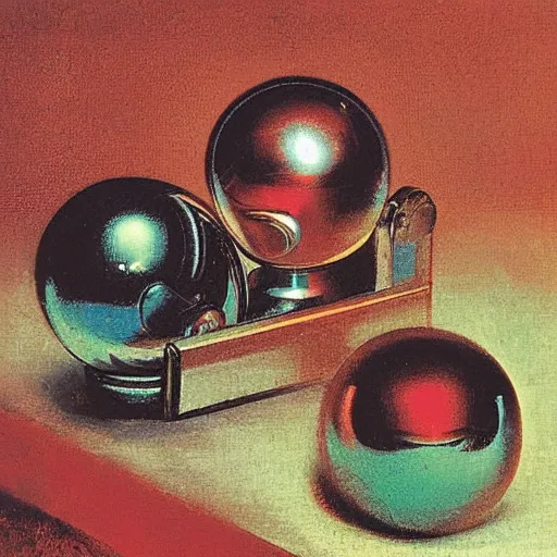 Prompt: chrome spheres on a red cube by daniel maclise
