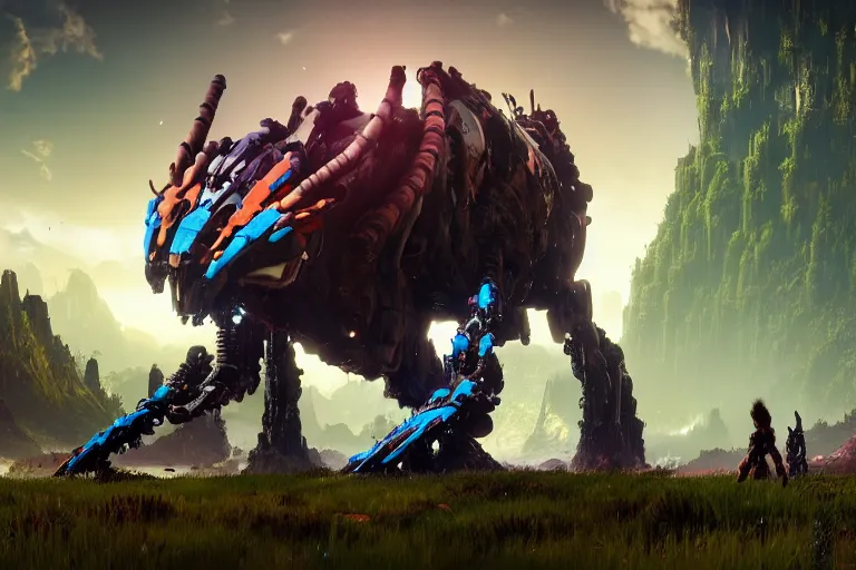 Image similar to wide epic shot. a hyper detailed fanghorn evangelion realistic mechanical and organic creature similar look as horizon forbidden west horizon zero dawn, bioluminiscence in a dark deep forest at dawn in spring, with reflection and textures, by kilian eng, substance painter reaslitic mech surface metal painted scratches, world env from horizon forbidden west horizon zero dawn