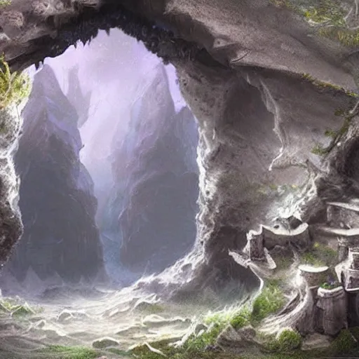 Image similar to beautiful matte painting of a fantasy cave entrance