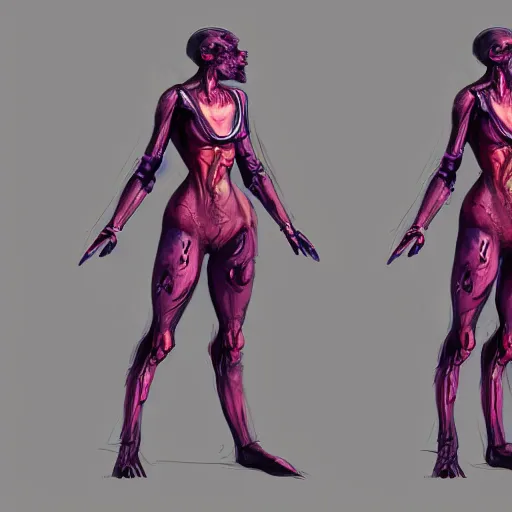 Image similar to character design sketch humanoid by ahmet atil akar, concept art character, cyberpunk fashion, with body made of purple lava and fire, marvelous designer, fantasy, painted, 4 k, high detail, sharp focus, trending in artstation