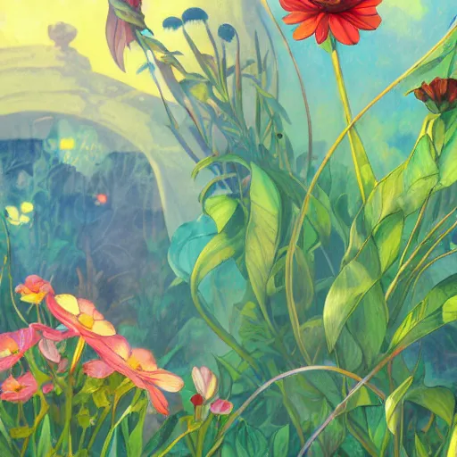 Image similar to synthetic elements of gouache painting of flowers and flower borders source material, style of studio ghibli, makoto shinkai, raphael lacoste, louis comfort tiffany, artgerm, james jean, ross tran