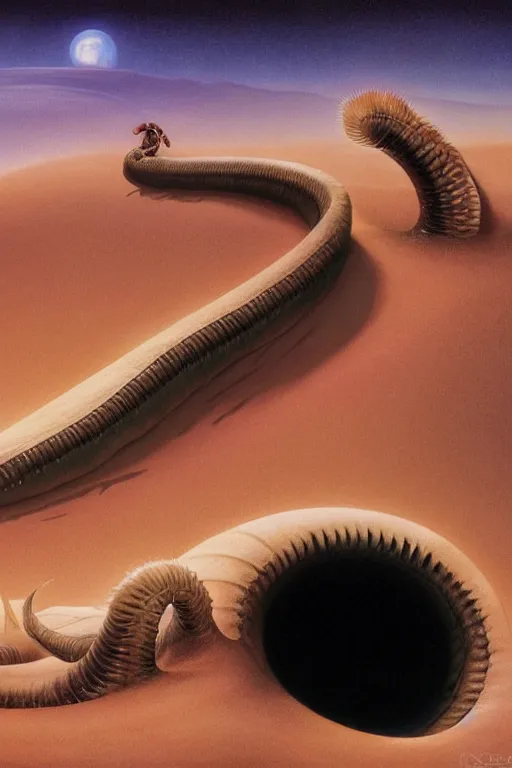 Prompt: a sandworm on arrakis, god emperor of dune, shai hulud by david a hardy, noriyoshi ohrai, gary ruddell, greg rutkowski highly detailed, cinematic composition, trending on artstation