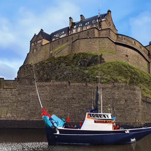 Prompt: fishing boat crashed into edinburgh castle, 4k, very very very highly detailed, hyper realistic realistic